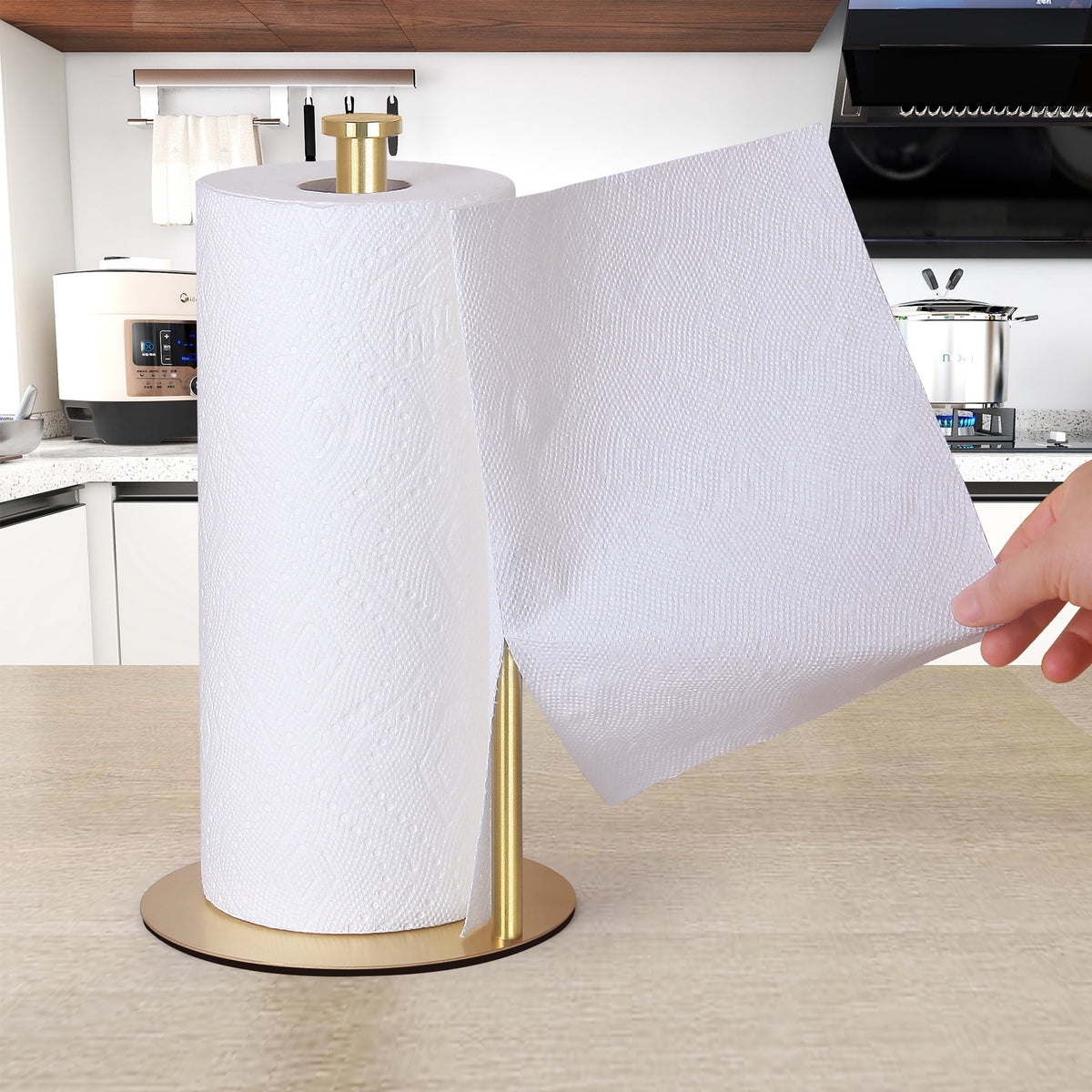 Gold Paper Towel Holder, Stainless Steel Countertop Stand with Side Bar for Standard and Large Rolls - Image 3