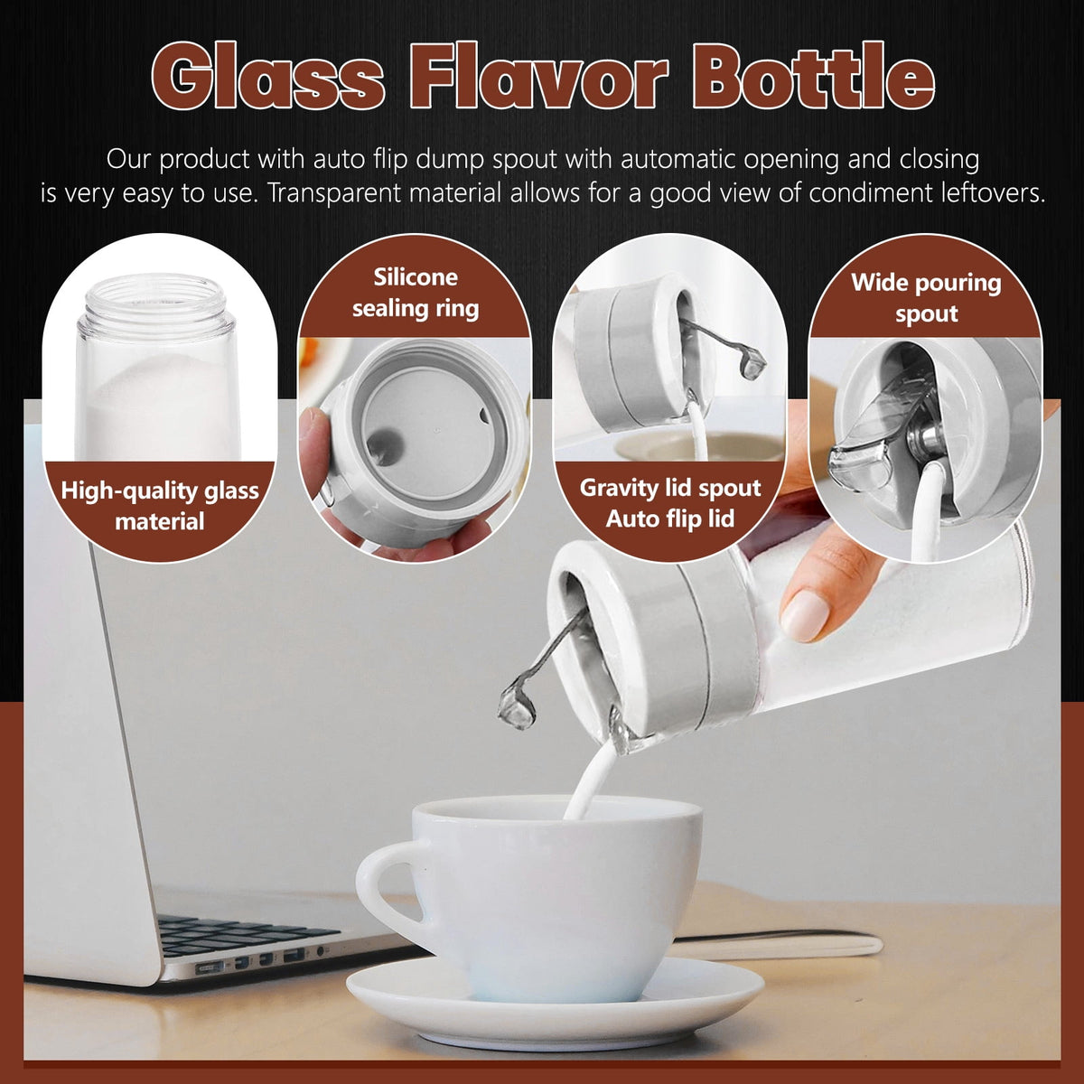 Glass Sugar Dispenser with Auto Flip Spout, 8.5 oz Weighted Pourer, Set of 2, Gray - Image 5