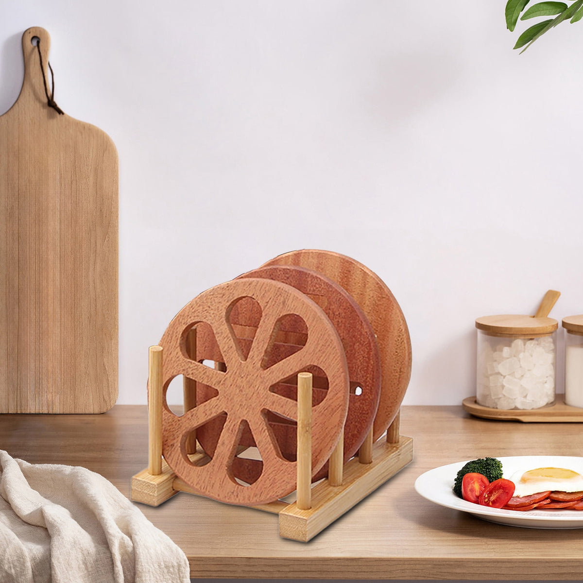 Wooden Countertop Plate and Cutting Board Rack, Small Ladder Stand for Dishes and Lids, Khaki, 16 x 11 x 9 cm - Image 6