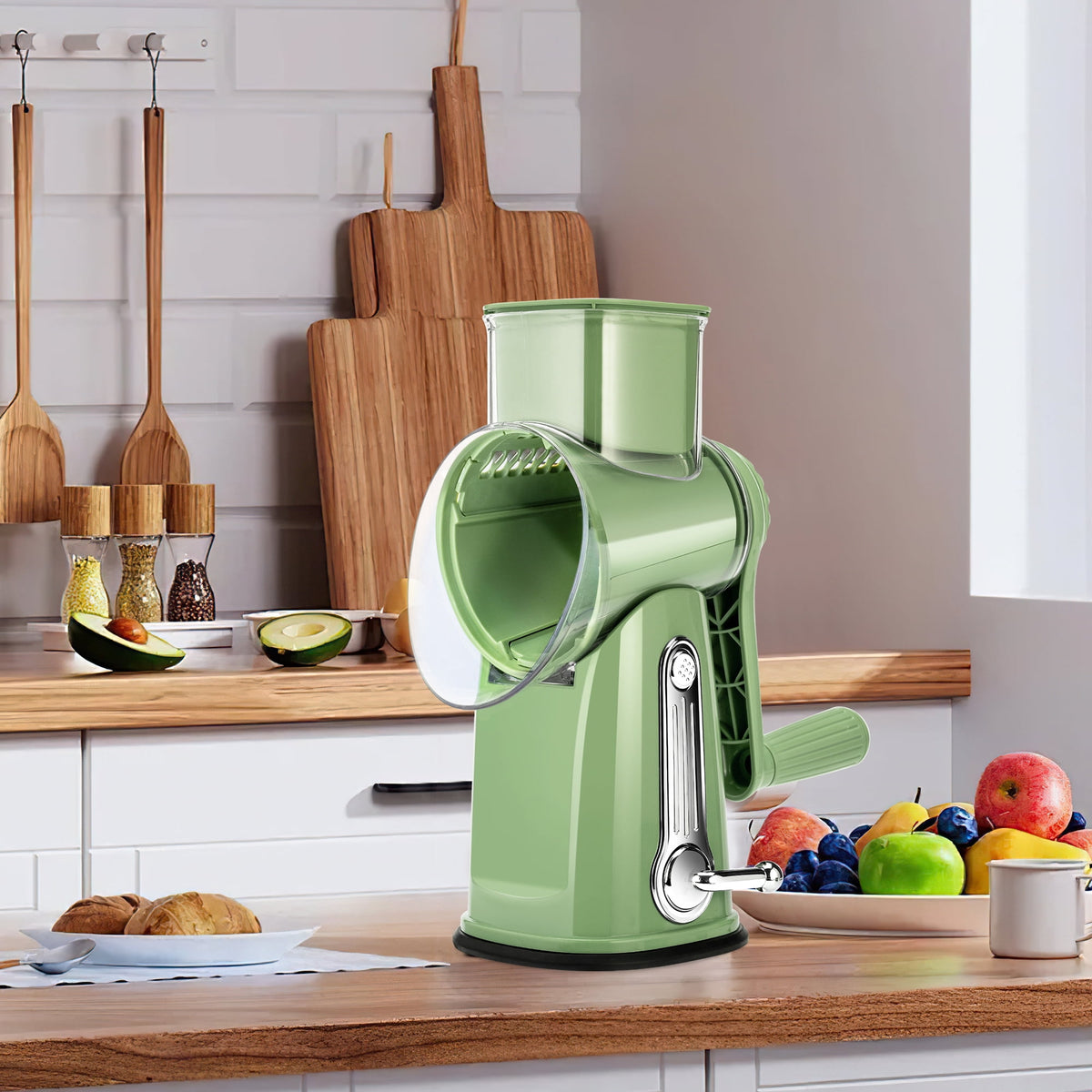 Rotary Cheese Grater with 5 Blades, Suction Base and Blade Storage Box, Green - Image 4