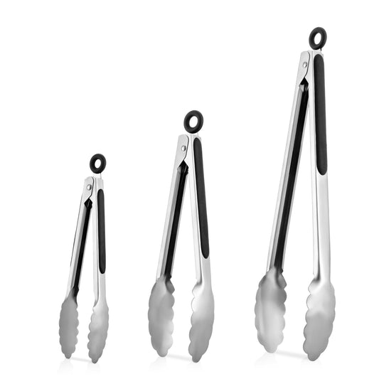 Stainless Steel Serving Tongs, 3-Piece Set with Silicone Grips, 8, 10 and 13 Inch, Black