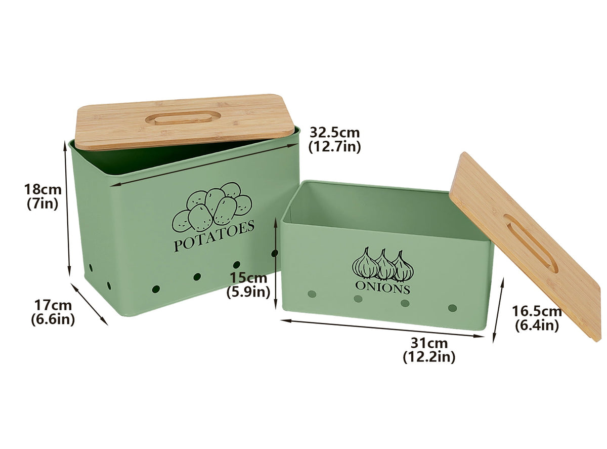 Onion and Potato Storage Canisters, Vented Metal Bins with Wooden Lids, Set of 2, Green - Image 6