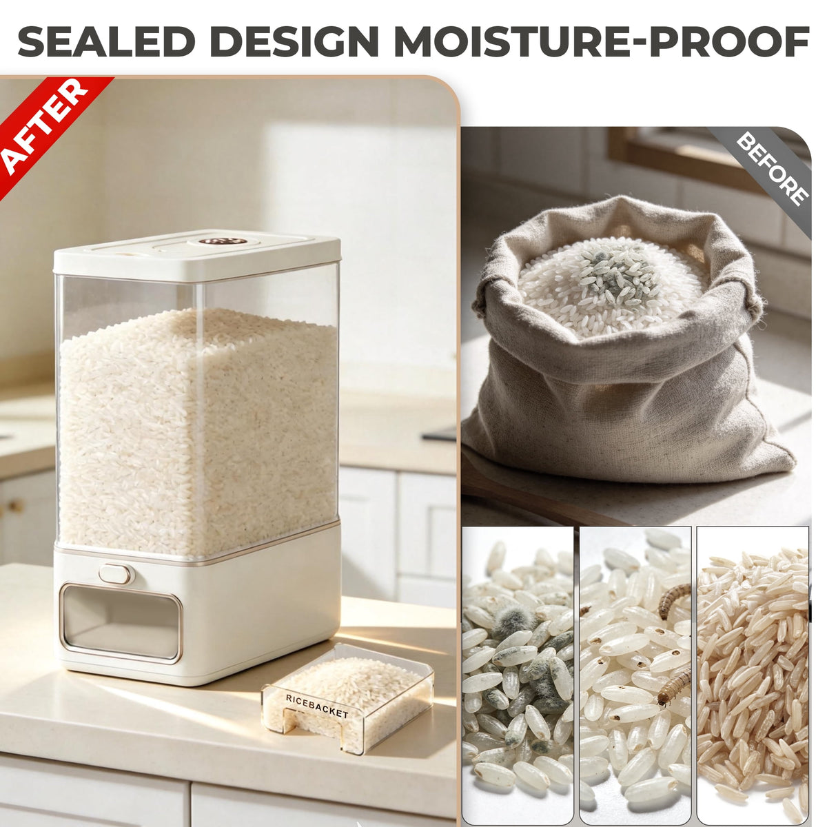Rice Dispenser, 25 lb Sealed Grain Storage Container with One-Touch Dispensing and Freshener Box - Image 5