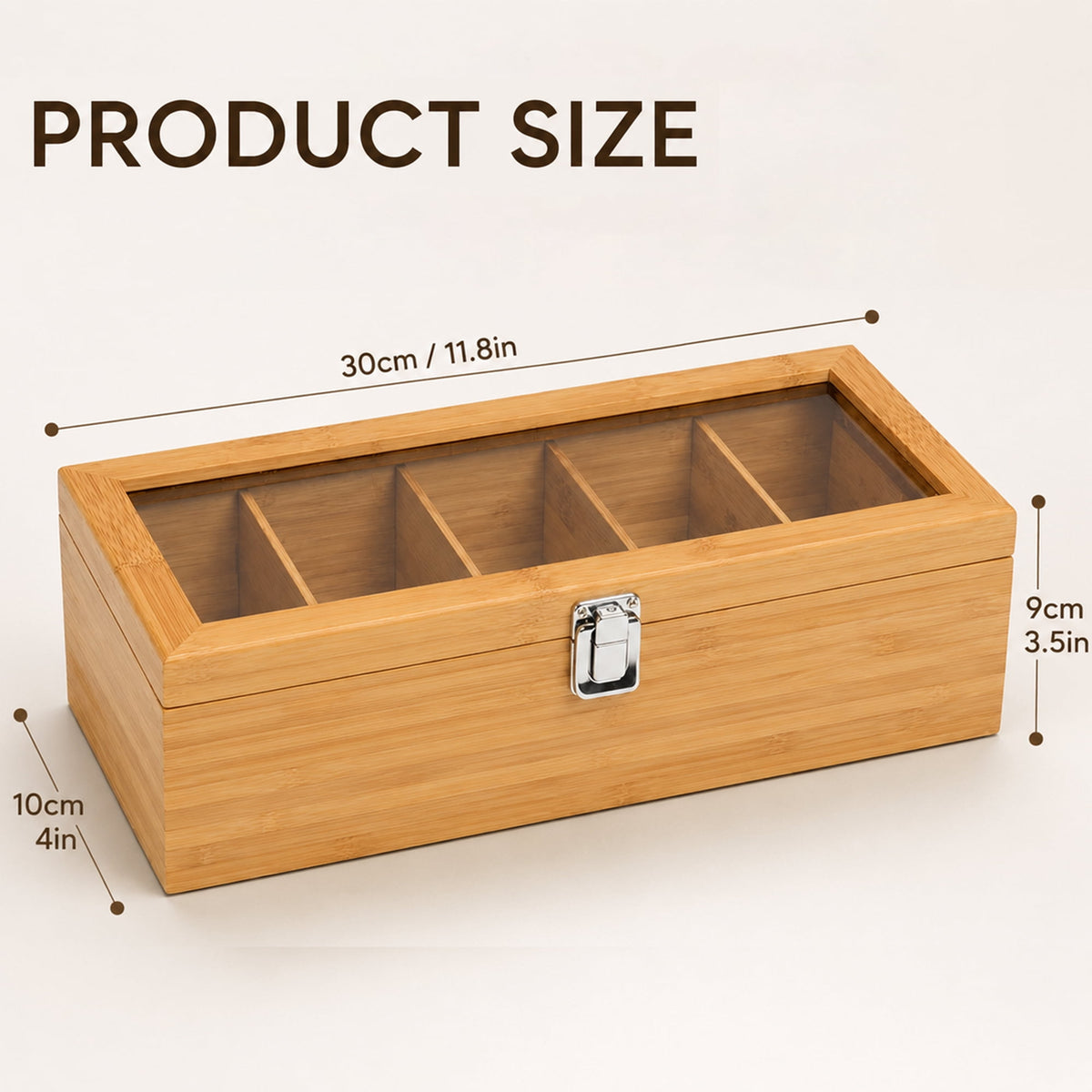 Bamboo Tea Bag Organizer Box, 5-Compartment Wooden Storage Case with Clear Lid and Metal Latch - Image 2
