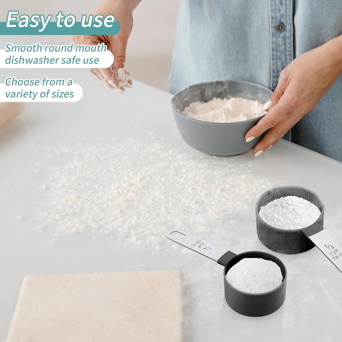 Nesting Measuring Cups and Spoons, 8-Piece Set with Stainless Steel Handles, Black - Image 2