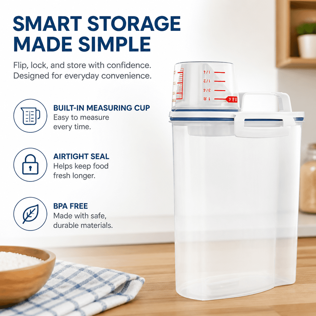 Cereal and Rice Dispenser Box, 2 L Clear Grain Container with Measuring Cup Lid - Image 2