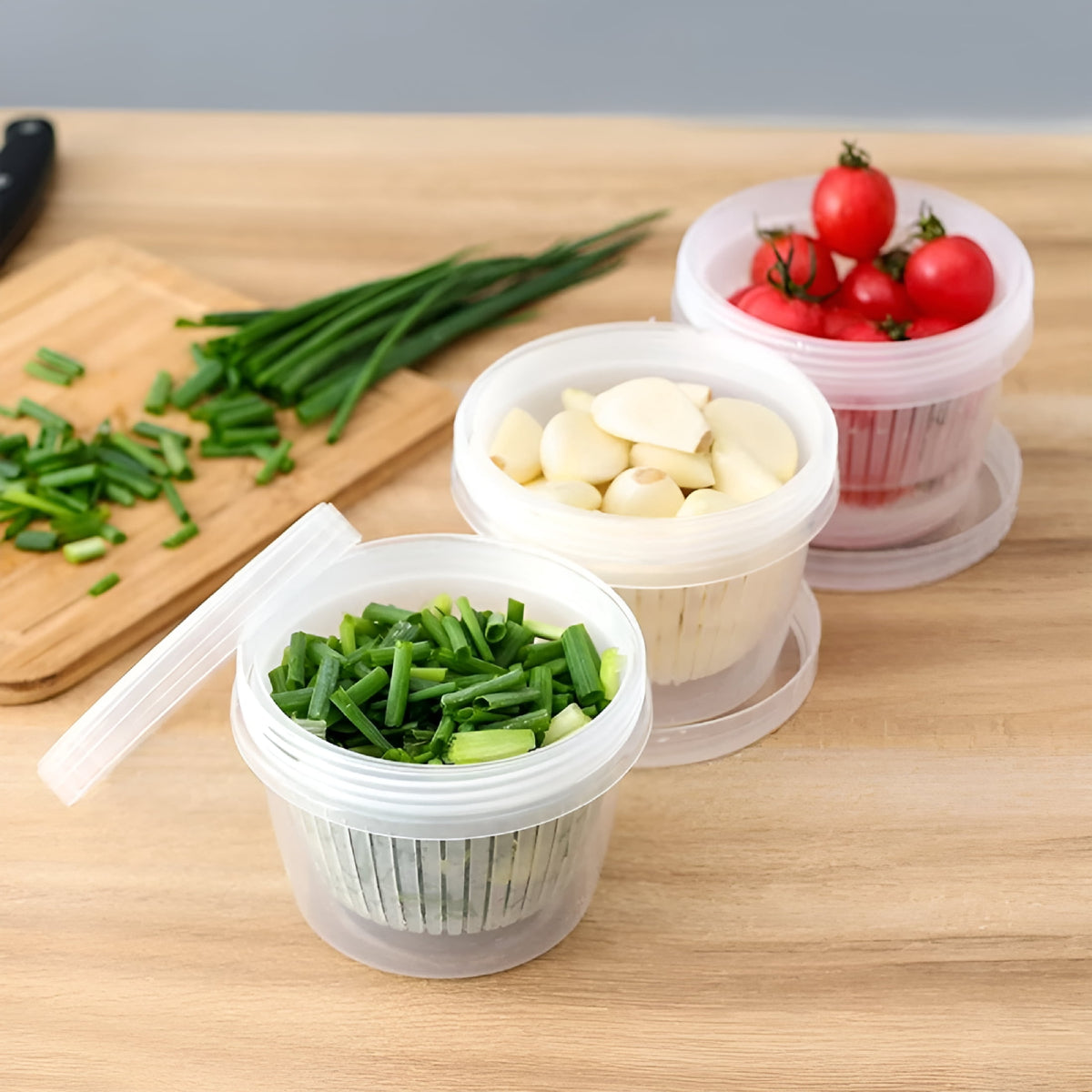 Round Produce Saver Container for Onion, Garlic and Ginger, Clear with Screw Lid - Image 3