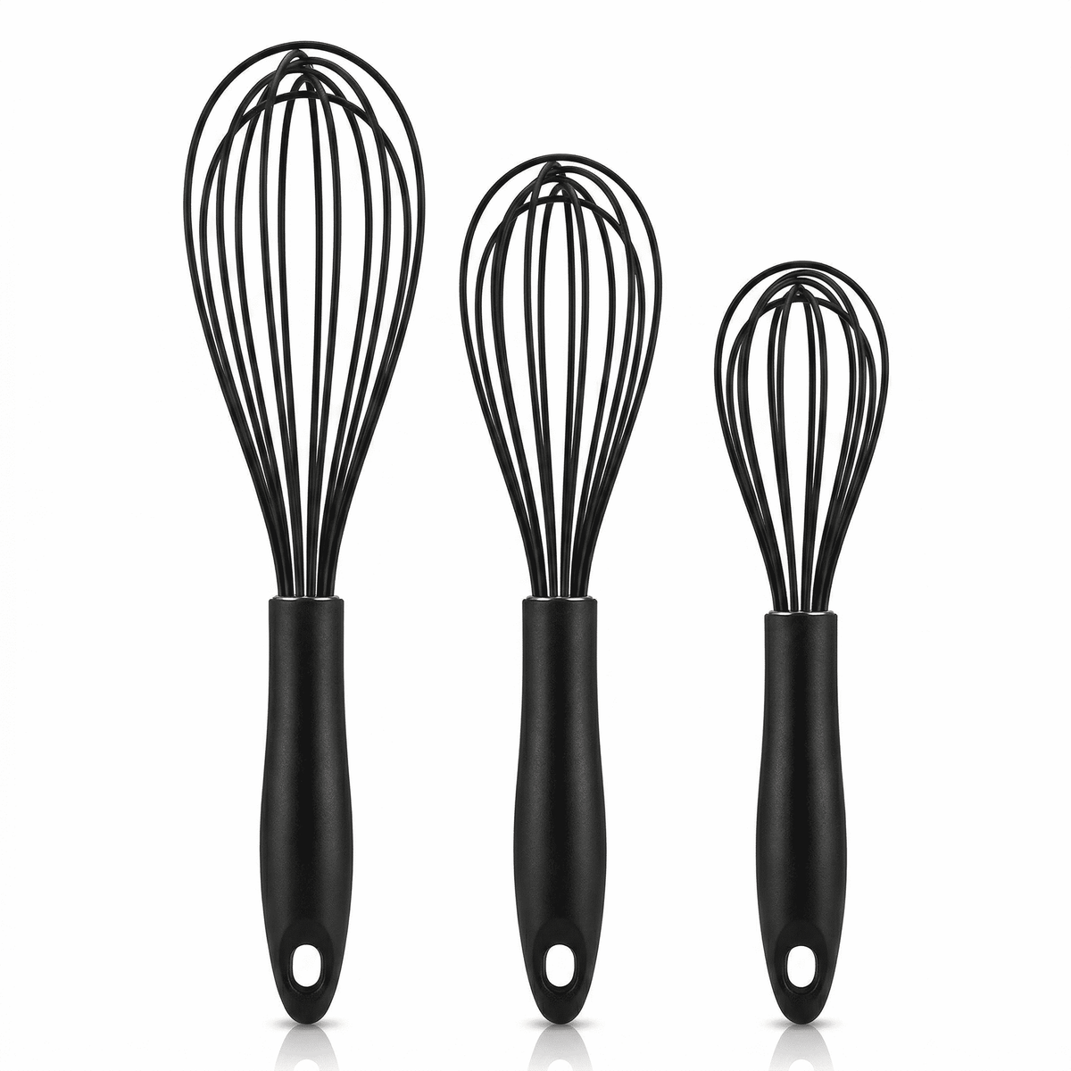 Silicone-Coated Whisk Set of 3, Non-Scratch Stainless Steel Whisks, 8, 10 and 12 Inch, Black