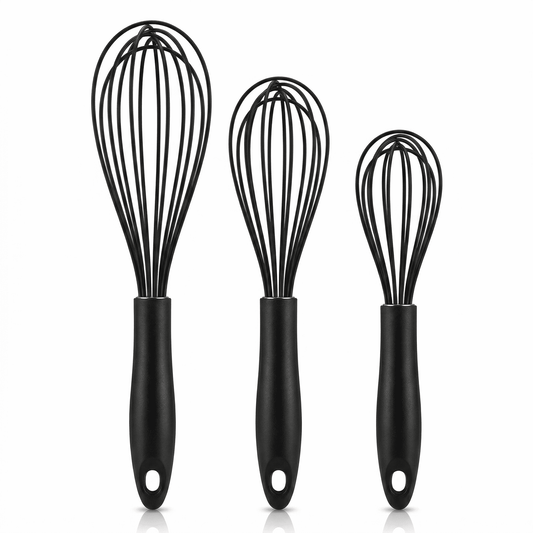 Silicone-Coated Whisk Set of 3, Non-Scratch Stainless Steel Whisks, 8, 10 and 12 Inch, Black