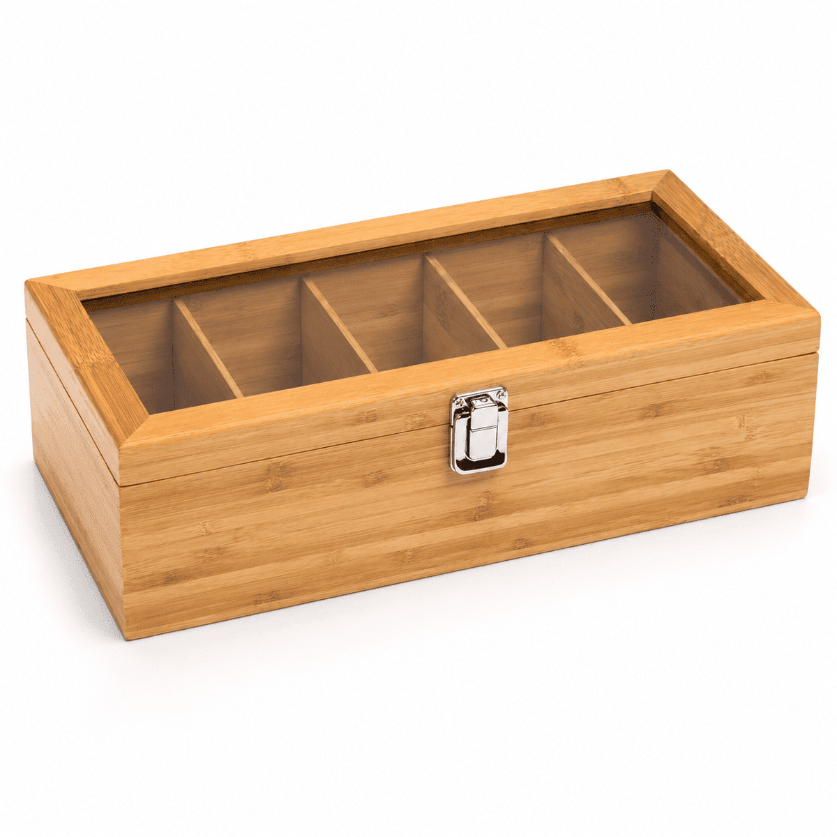 Bamboo Tea Bag Organizer Box, 5-Compartment Wooden Storage Case with Clear Lid and Metal Latch