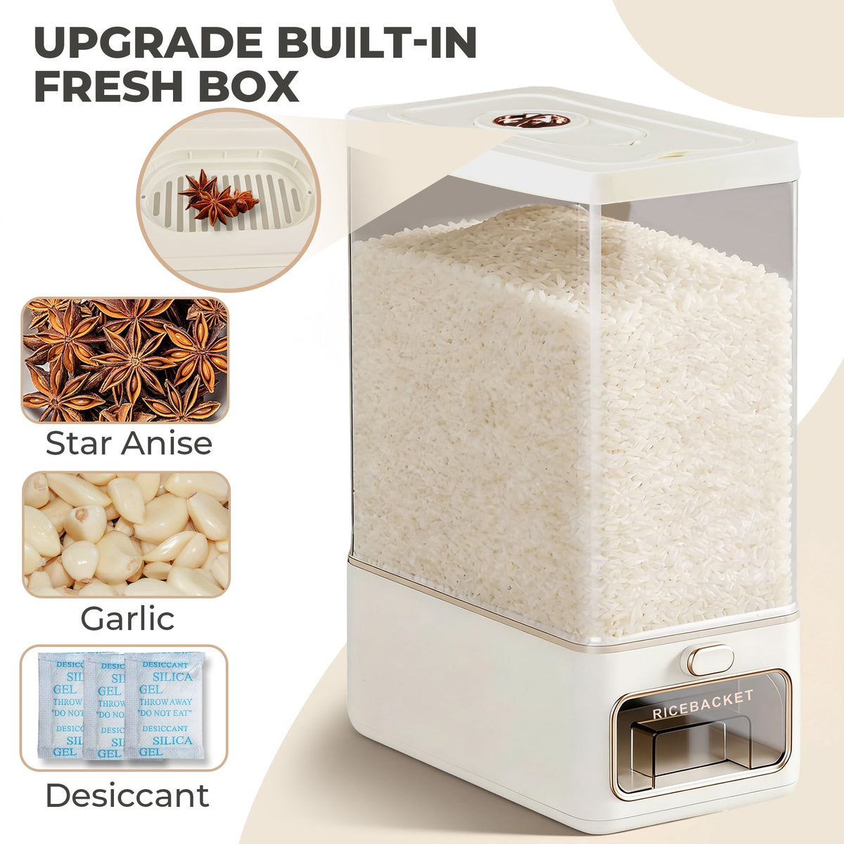 Rice Dispenser, 25 lb Sealed Grain Storage Container with One-Touch Dispensing and Freshener Box - Image 6