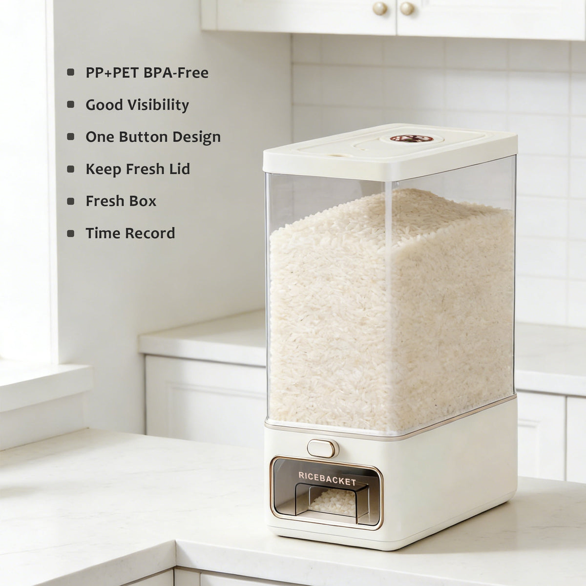 Rice Dispenser, 25 lb Sealed Grain Storage Container with One-Touch Dispensing and Freshener Box - Image 4