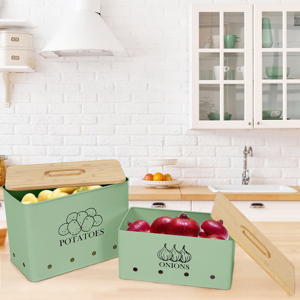 Onion and Potato Storage Canisters, Vented Metal Bins with Wooden Lids, Set of 2, Green - Image 4