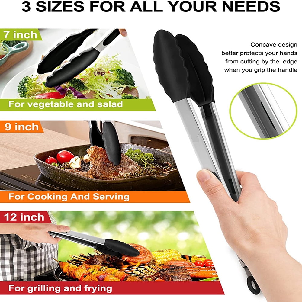 Silicone-Tipped Kitchen Tongs, Stainless Steel 3-Piece Set, 7, 9 and 12 Inch - Image 2