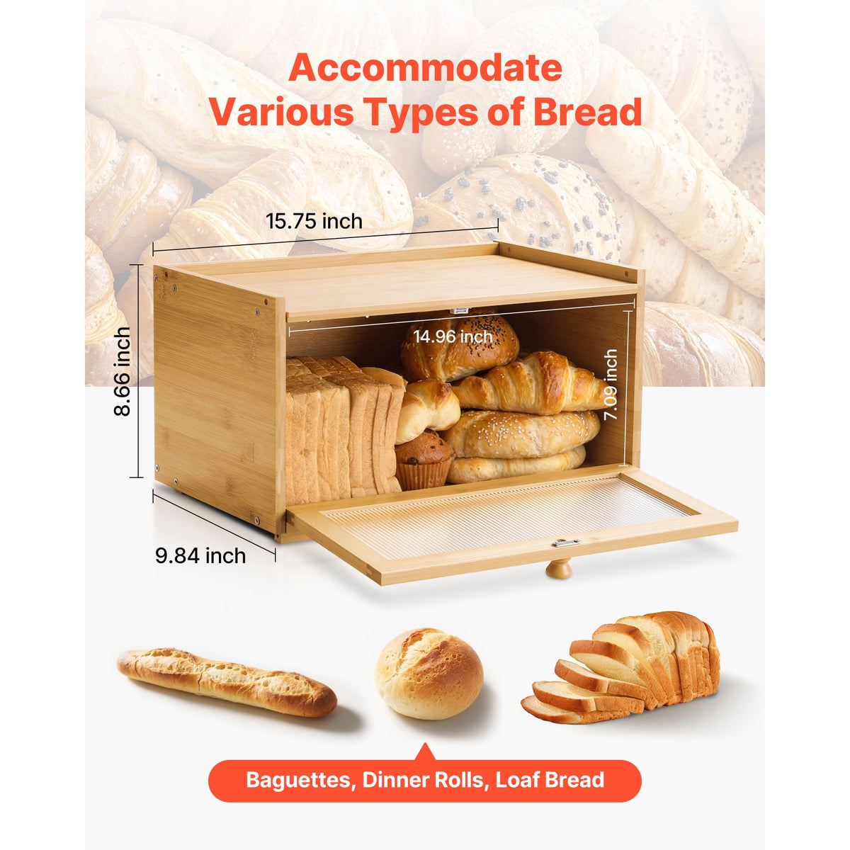 Bamboo Bread Box with Acrylic Wave Door, 15.75 x 9.84 x 8.66 Inch Farmhouse Countertop Storage - Image 3