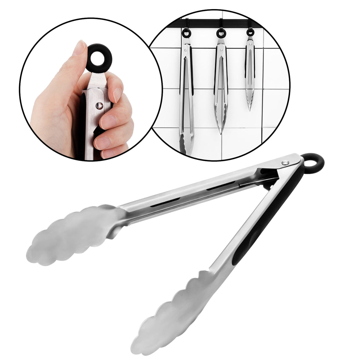 Stainless Steel Serving Tongs, 3-Piece Set with Silicone Grips, 8, 10 and 13 Inch, Black - Image 5