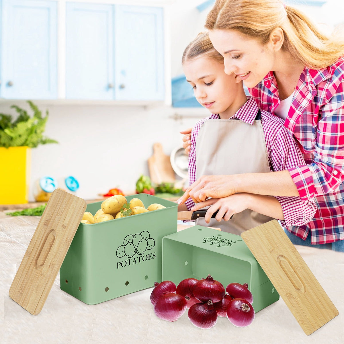 Onion and Potato Storage Canisters, Vented Metal Bins with Wooden Lids, Set of 2, Green - Image 5