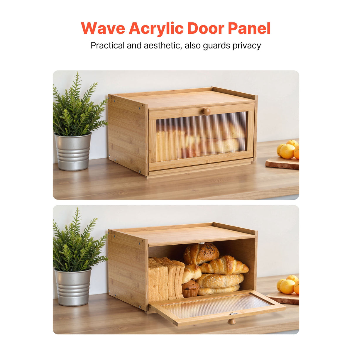 Bamboo Bread Box with Acrylic Wave Door, 15.75 x 9.84 x 8.66 Inch Farmhouse Countertop Storage - Image 6