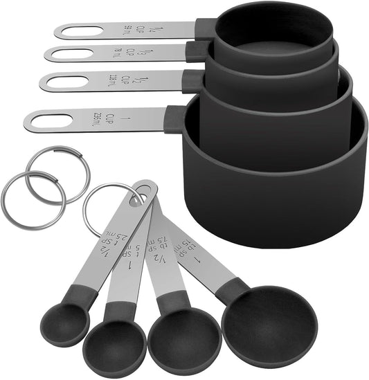 Nesting Measuring Cups and Spoons, 8-Piece Set with Stainless Steel Handles, Black