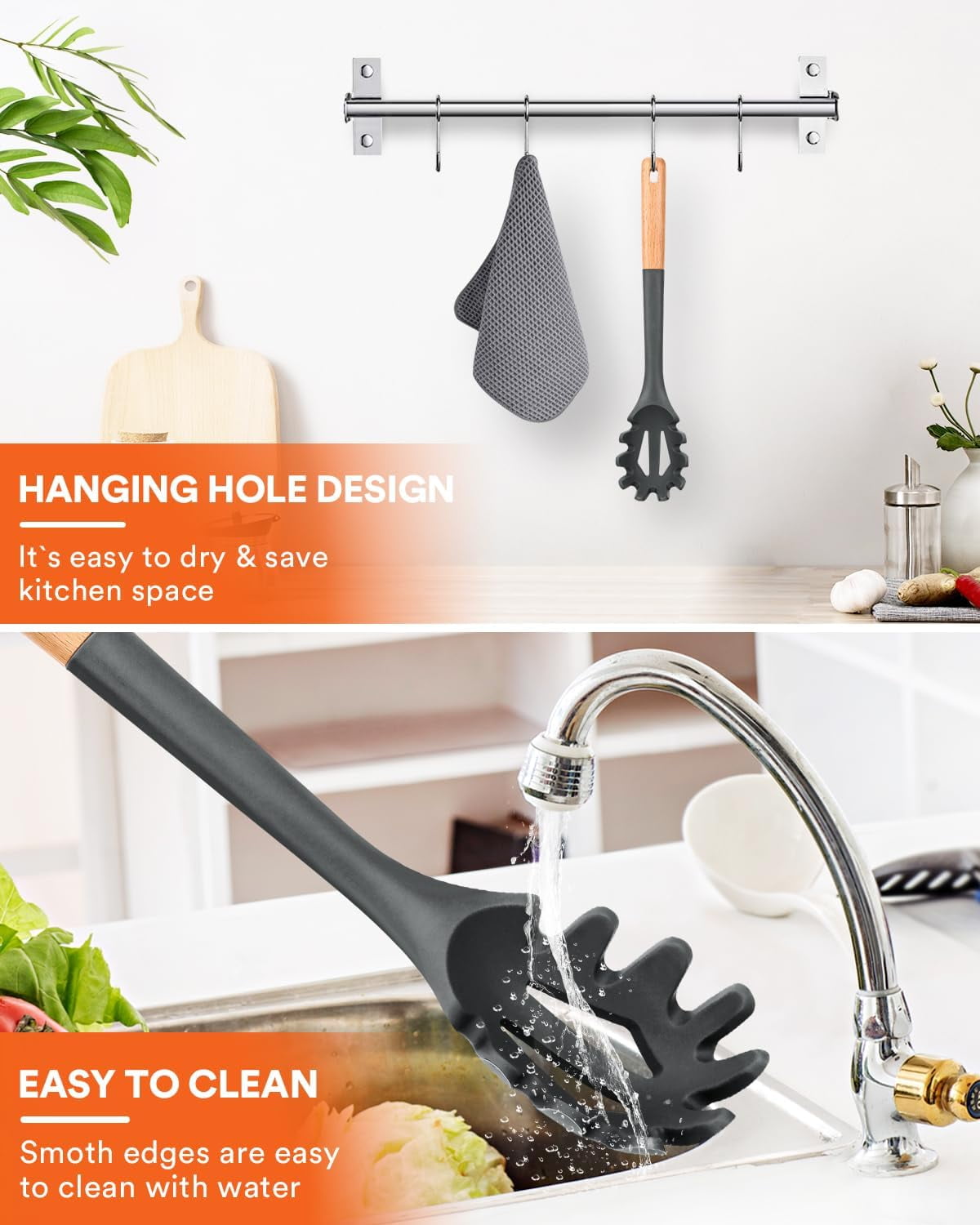 Silicone Pasta Fork with Wooden Handle, 12.8 Inch Noodle Server and Strainer, Grey - Image 5
