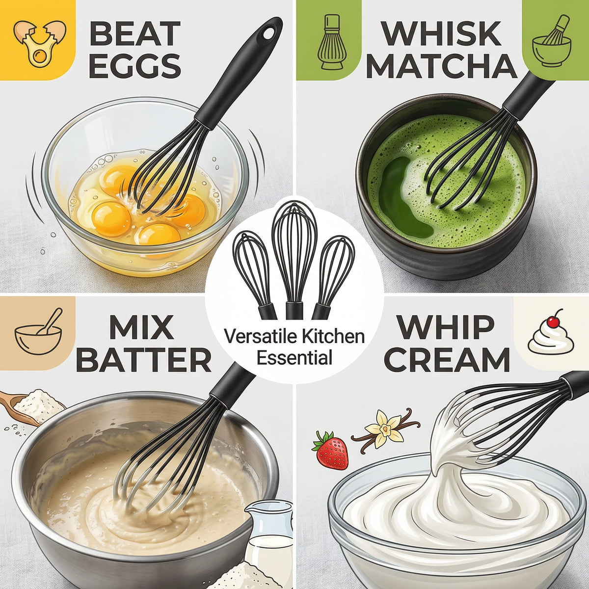 Silicone-Coated Whisk Set of 3, Non-Scratch Stainless Steel Whisks, 8, 10 and 12 Inch, Black - Image 3