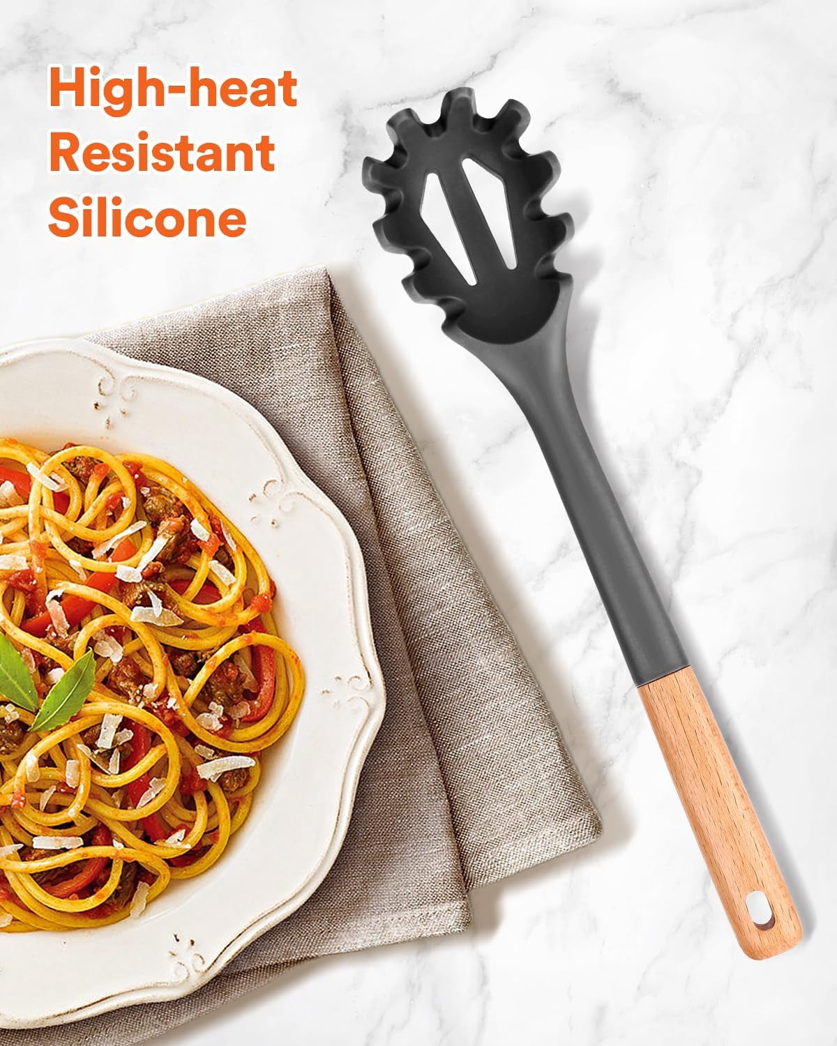 Silicone Pasta Fork with Wooden Handle, 12.8 Inch Noodle Server and Strainer, Grey - Image 3