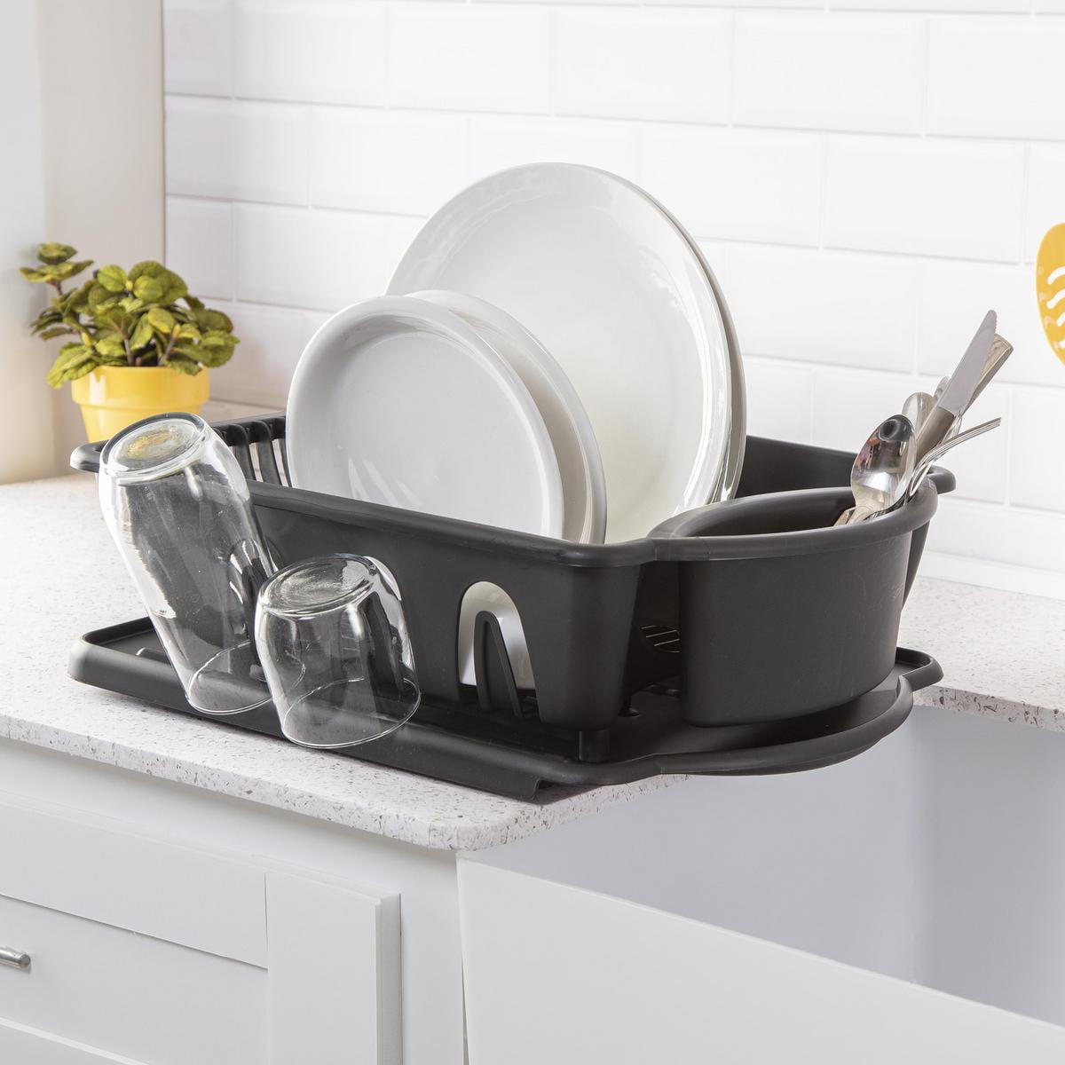 Dish Drying Rack with Drainboard and Silverware Holder, 18 x 13 x 6 Inch Plastic Set, Black - Image 4