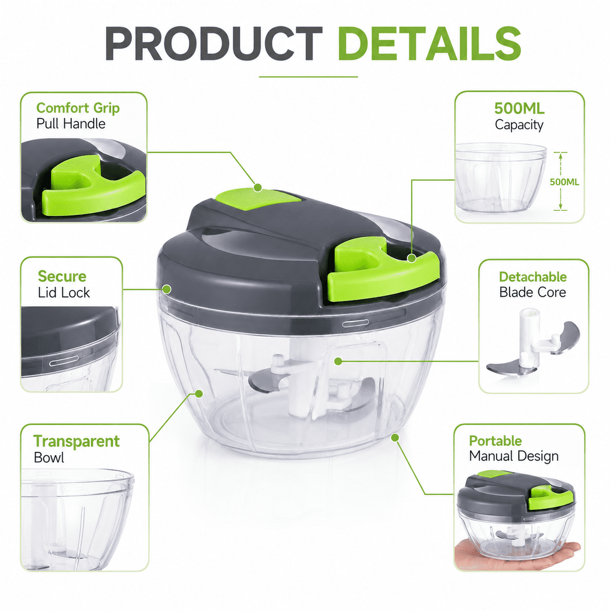 Pull-String Manual Food Chopper, 500 ml Vegetable and Garlic Mincer, Gray Green - Image 4