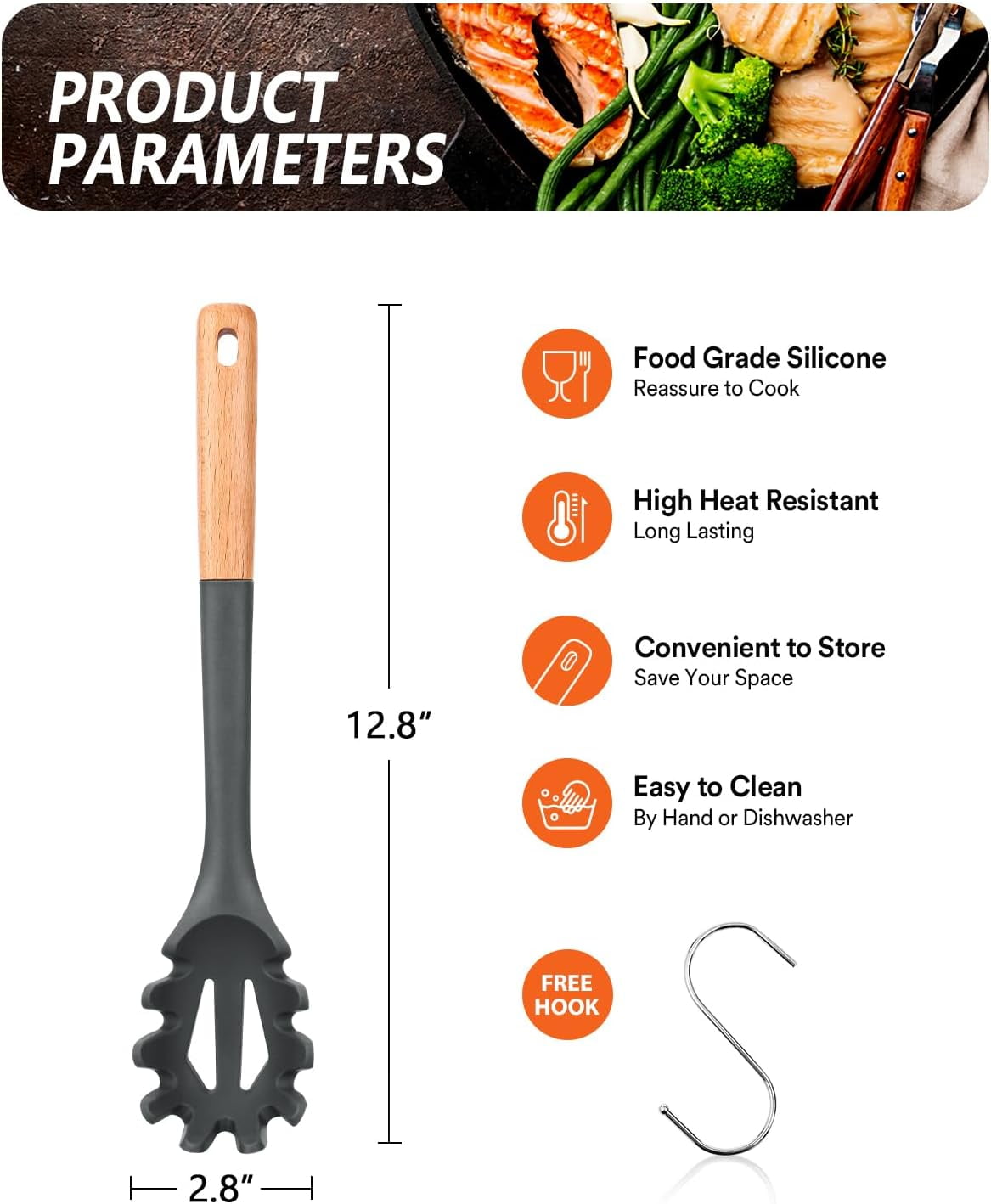 Silicone Pasta Fork with Wooden Handle, 12.8 Inch Noodle Server and Strainer, Grey - Image 2