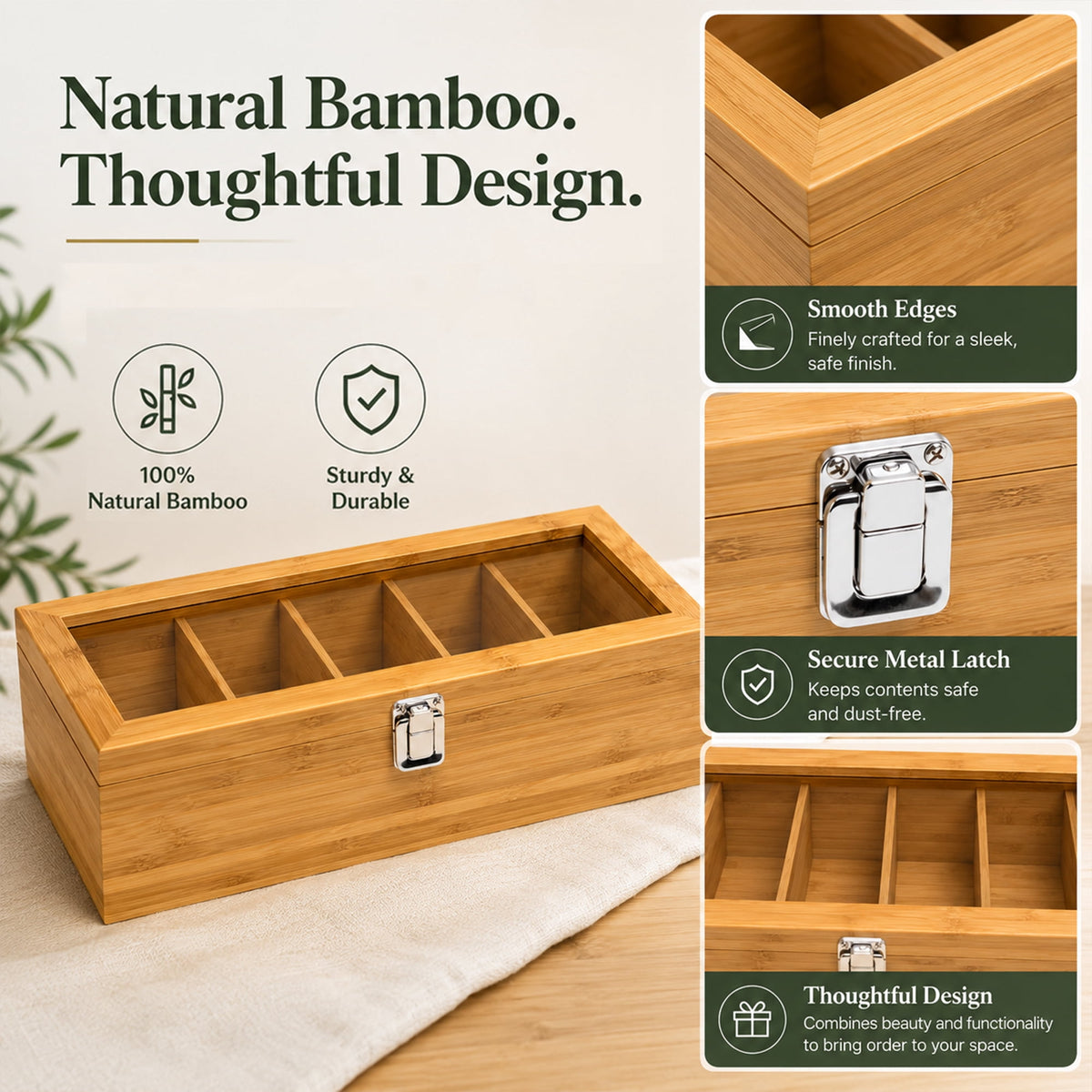 Bamboo Tea Bag Organizer Box, 5-Compartment Wooden Storage Case with Clear Lid and Metal Latch - Image 3
