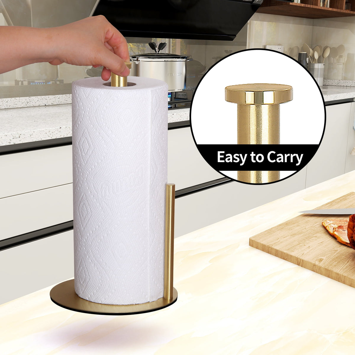 Gold Paper Towel Holder, Stainless Steel Countertop Stand with Side Bar for Standard and Large Rolls - Image 2