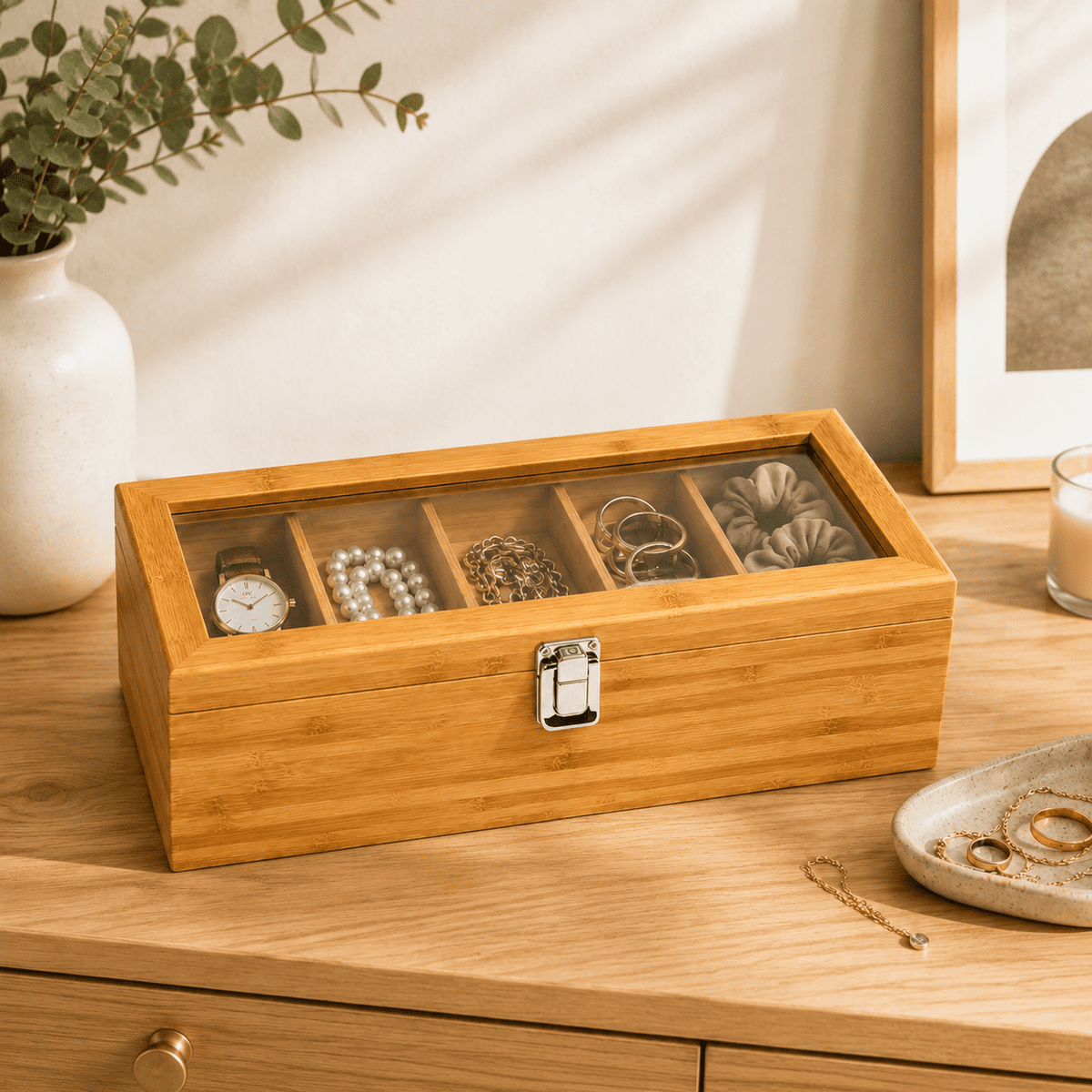 Bamboo Tea Bag Organizer Box, 5-Compartment Wooden Storage Case with Clear Lid and Metal Latch - Image 4