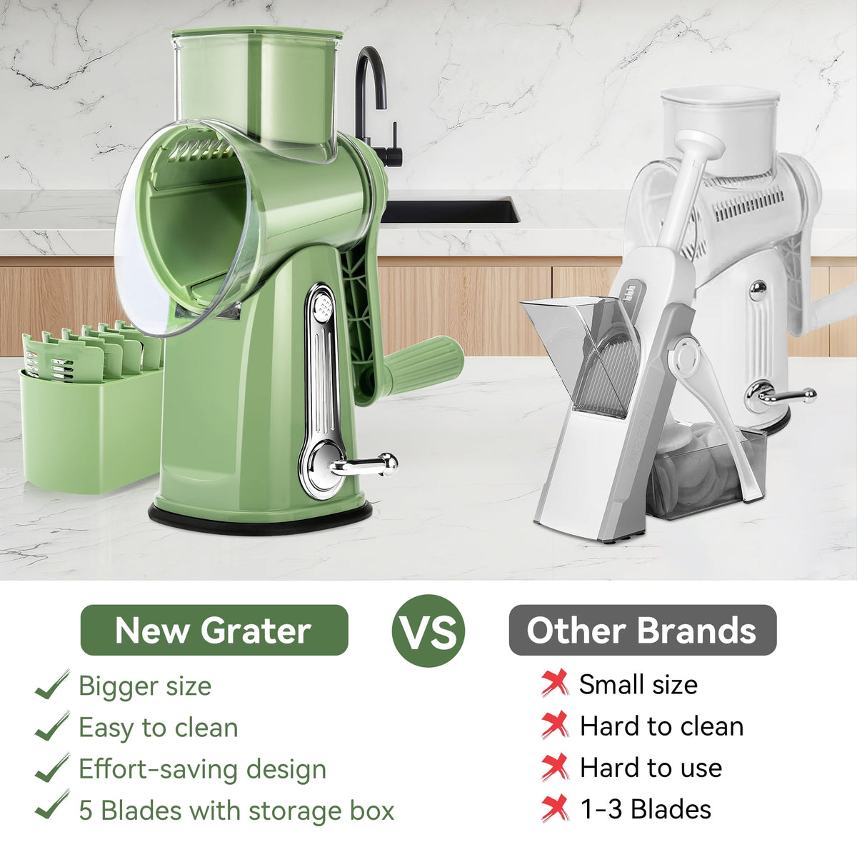 Rotary Cheese Grater with 5 Blades, Suction Base and Blade Storage Box, Green - Image 5