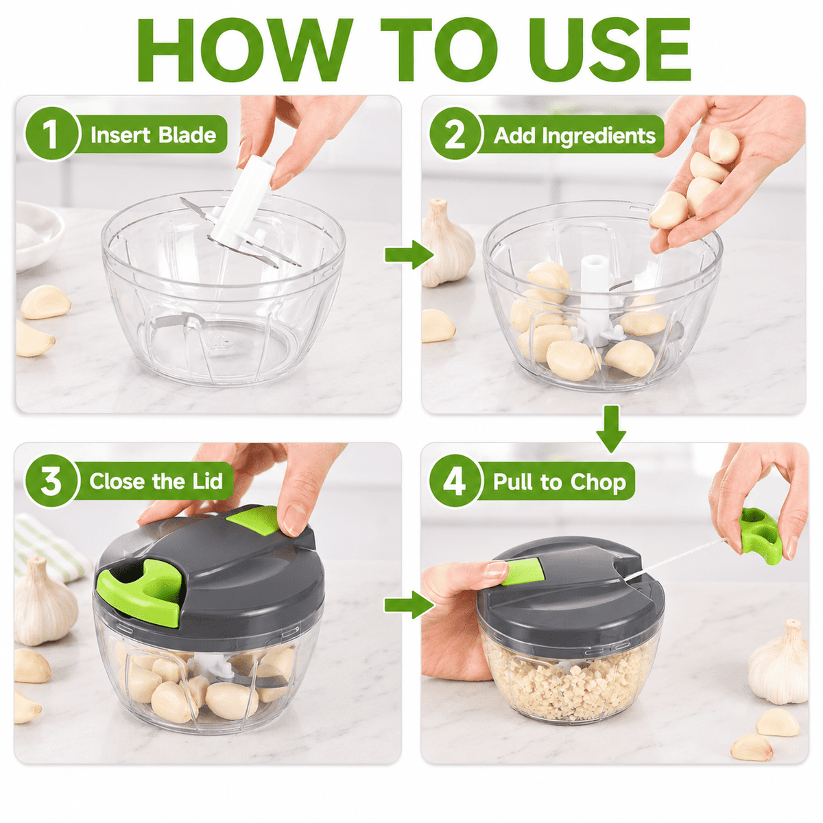 Pull-String Manual Food Chopper, 500 ml Vegetable and Garlic Mincer, Gray Green - Image 2
