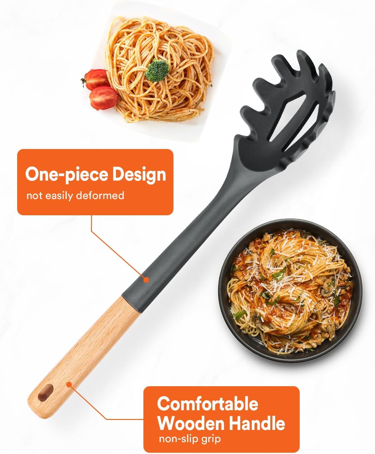 Silicone Pasta Fork with Wooden Handle, 12.8 Inch Noodle Server and Strainer, Grey - Image 4