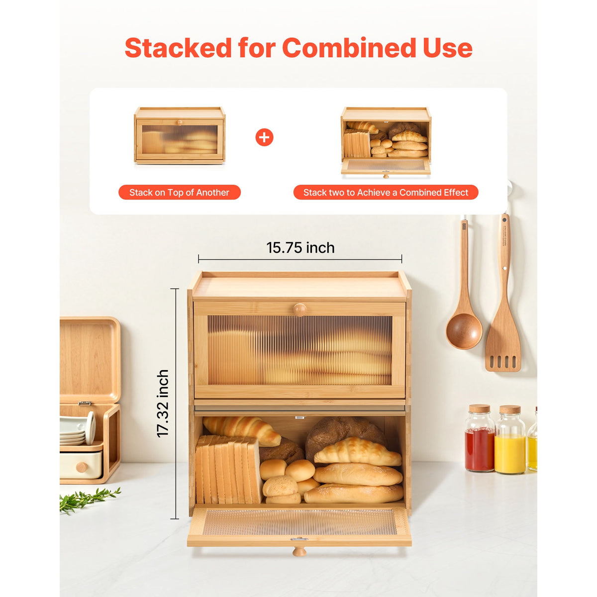 Bamboo Bread Box with Acrylic Wave Door, 15.75 x 9.84 x 8.66 Inch Farmhouse Countertop Storage - Image 4