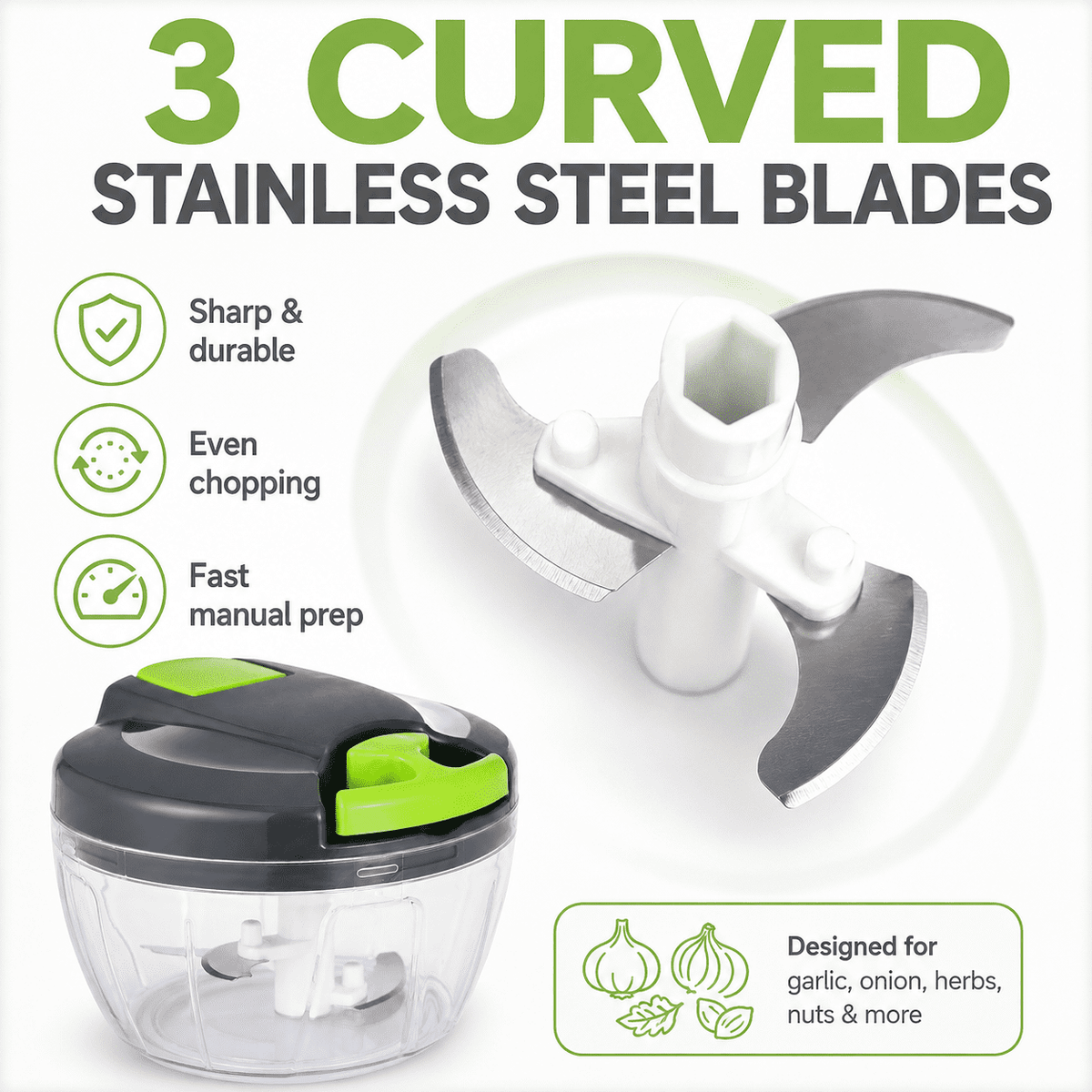 Pull-String Manual Food Chopper, 500 ml Vegetable and Garlic Mincer, Gray Green - Image 3
