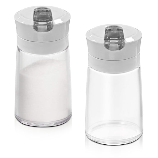 Glass Sugar Dispenser with Auto Flip Spout, 8.5 oz Weighted Pourer, Set of 2, Gray