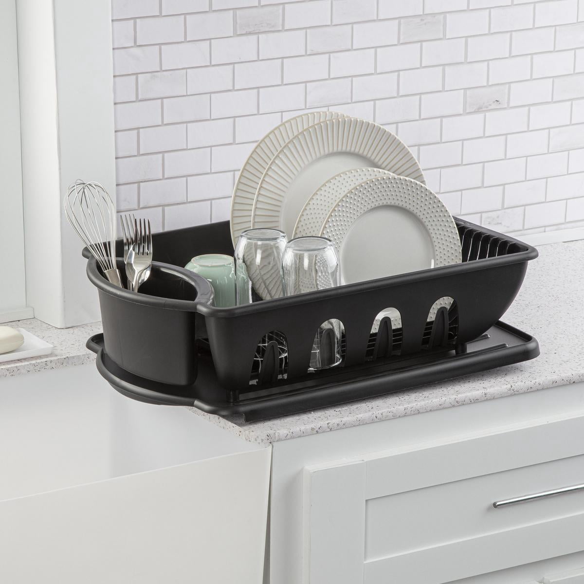 Dish Drying Rack with Drainboard and Silverware Holder, 18 x 13 x 6 Inch Plastic Set, Black - Image 2