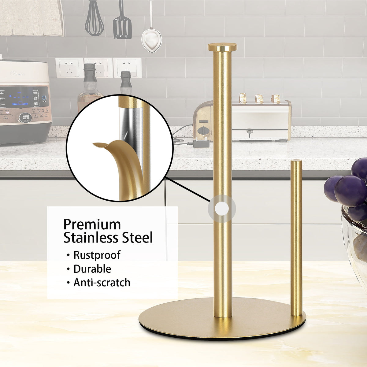 Gold Paper Towel Holder, Stainless Steel Countertop Stand with Side Bar for Standard and Large Rolls - Image 6