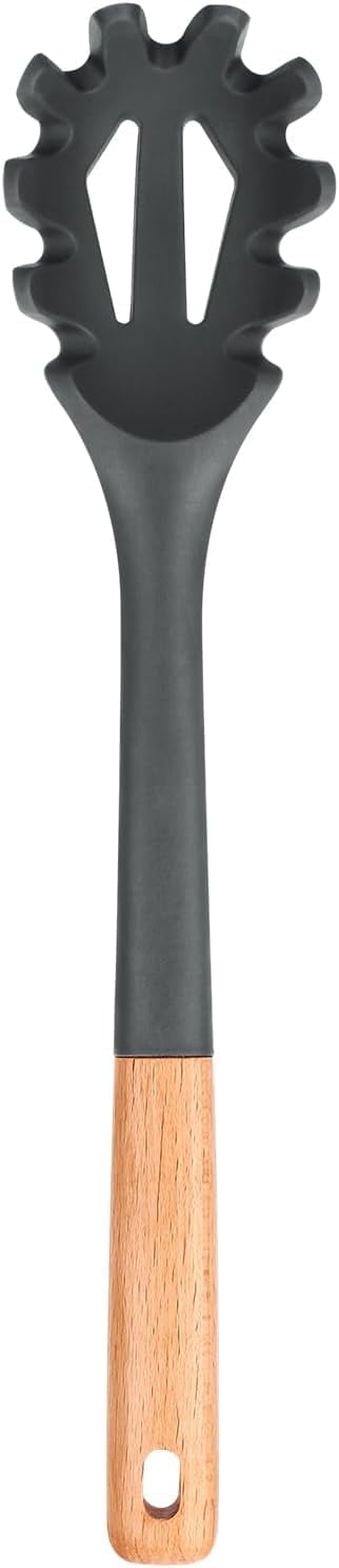 Silicone Pasta Fork with Wooden Handle, 12.8 Inch Noodle Server and Strainer, Grey