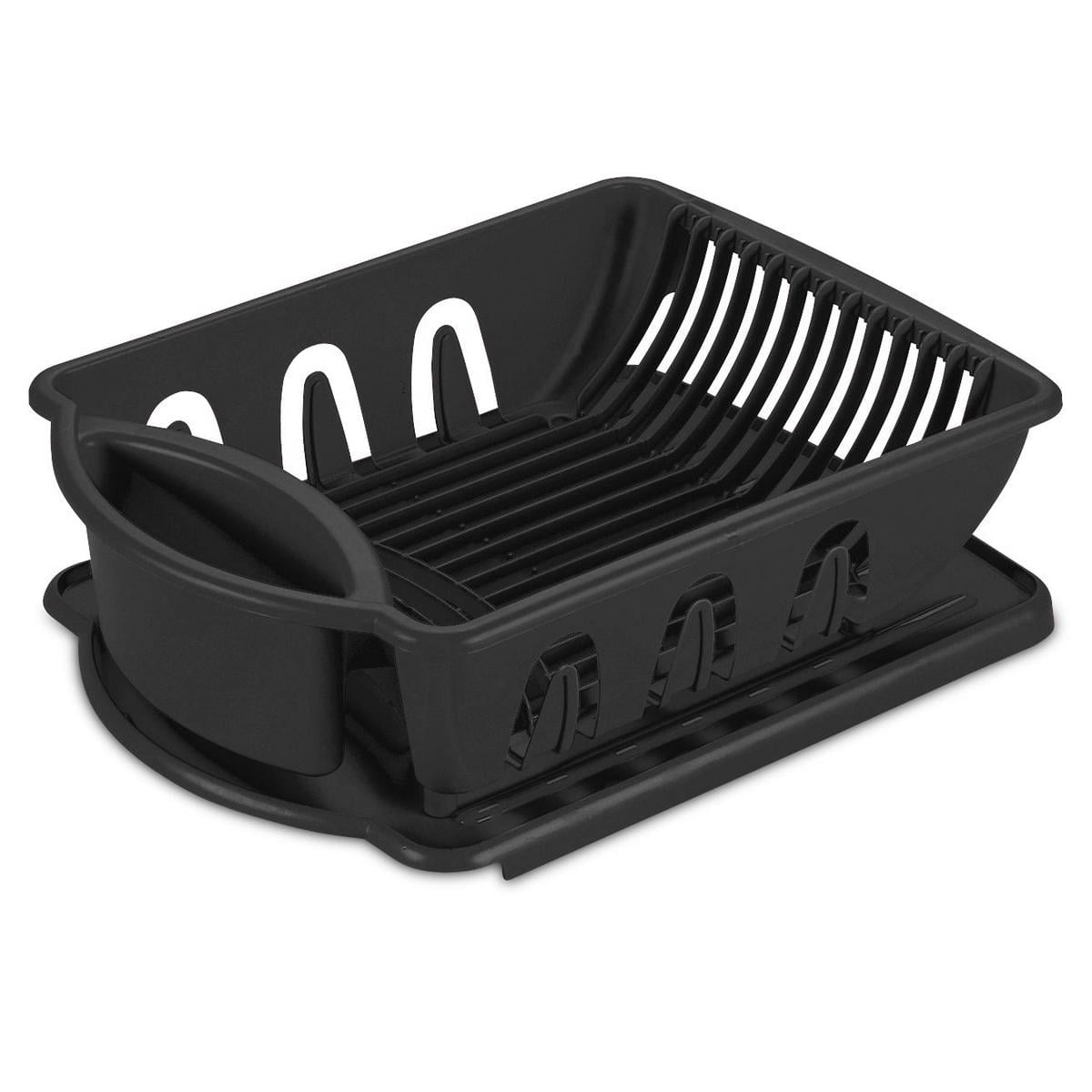 Dish Drying Rack with Drainboard and Silverware Holder, 18 x 13 x 6 Inch Plastic Set, Black