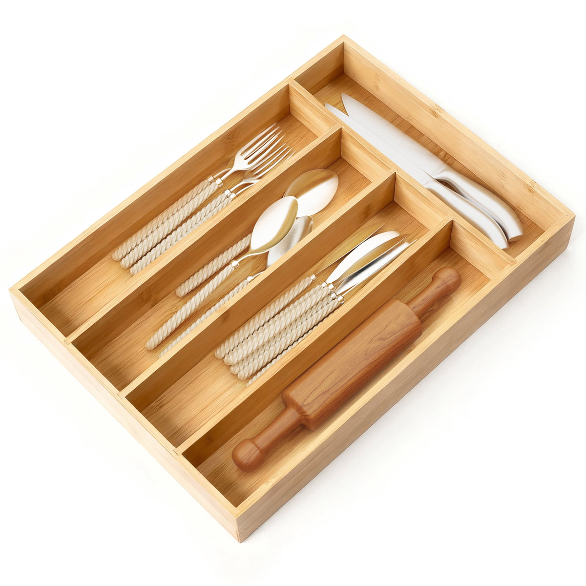 Bamboo Silverware Drawer Organizer, 5-Compartment Flatware and Utensil Tray, Natural