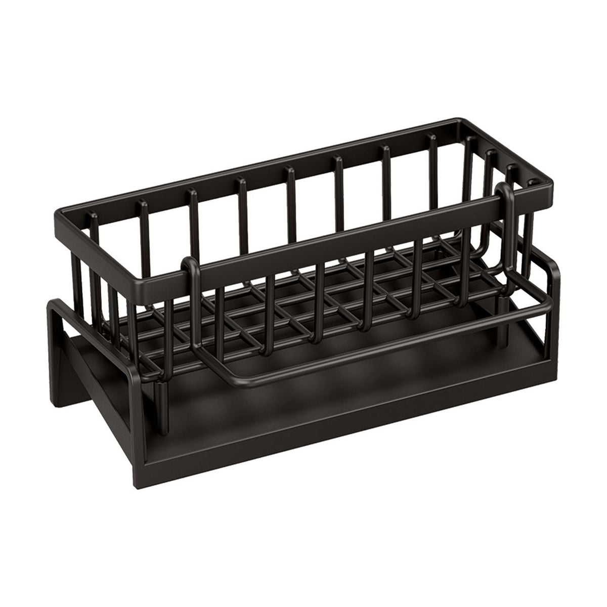 Kitchen Sink Caddy with Sponge, Brush and Soap Holder, Self-Draining Plastic Organizer, Black