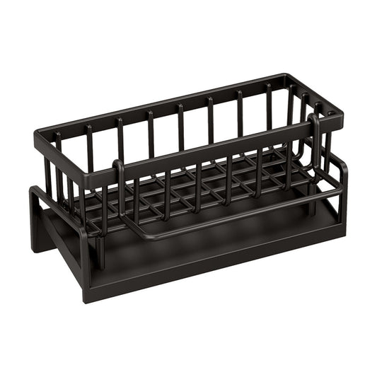 Kitchen Sink Caddy with Sponge, Brush and Soap Holder, Self-Draining Plastic Organizer, Black