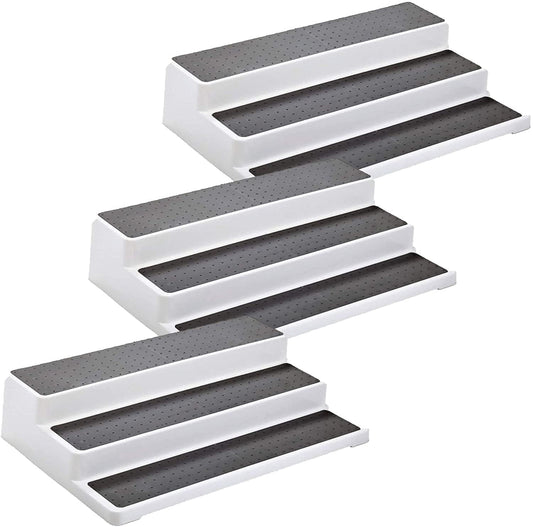 3-Tier Spice Rack Organizer for Cabinets, Set of 3 Non-Skid Plastic Step Shelves