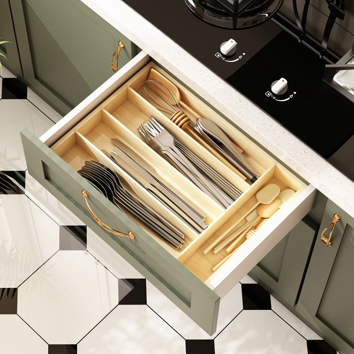Bamboo Silverware Drawer Organizer, 5-Compartment Flatware and Utensil Tray, Natural - Image 3