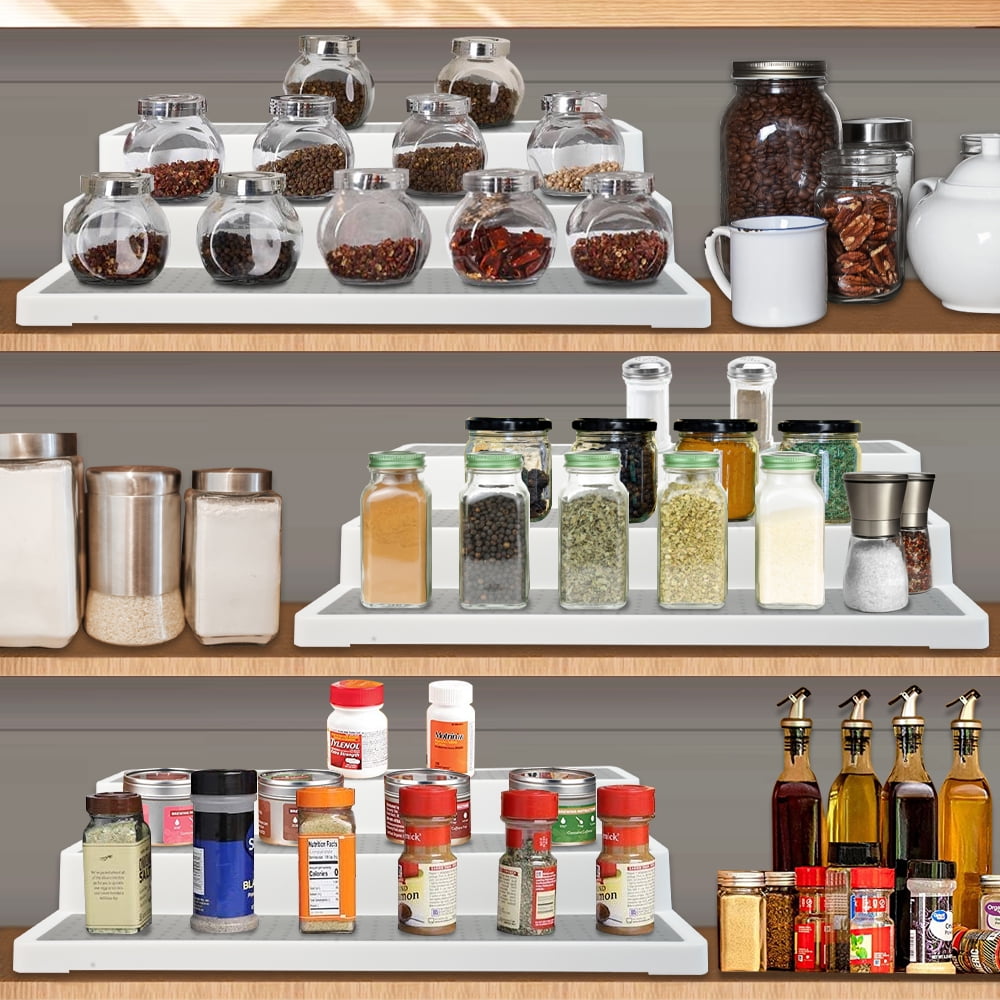 3-Tier Spice Rack Organizer for Cabinets, Set of 3 Non-Skid Plastic Step Shelves - Image 6