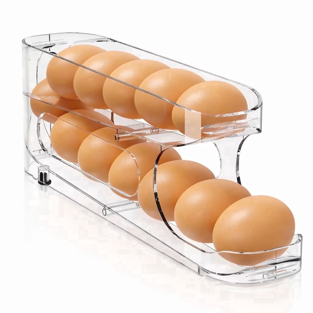 Auto-Rolling Egg Holder for Refrigerator, Space-Saving Dispenser Holds 12 Eggs, Clear