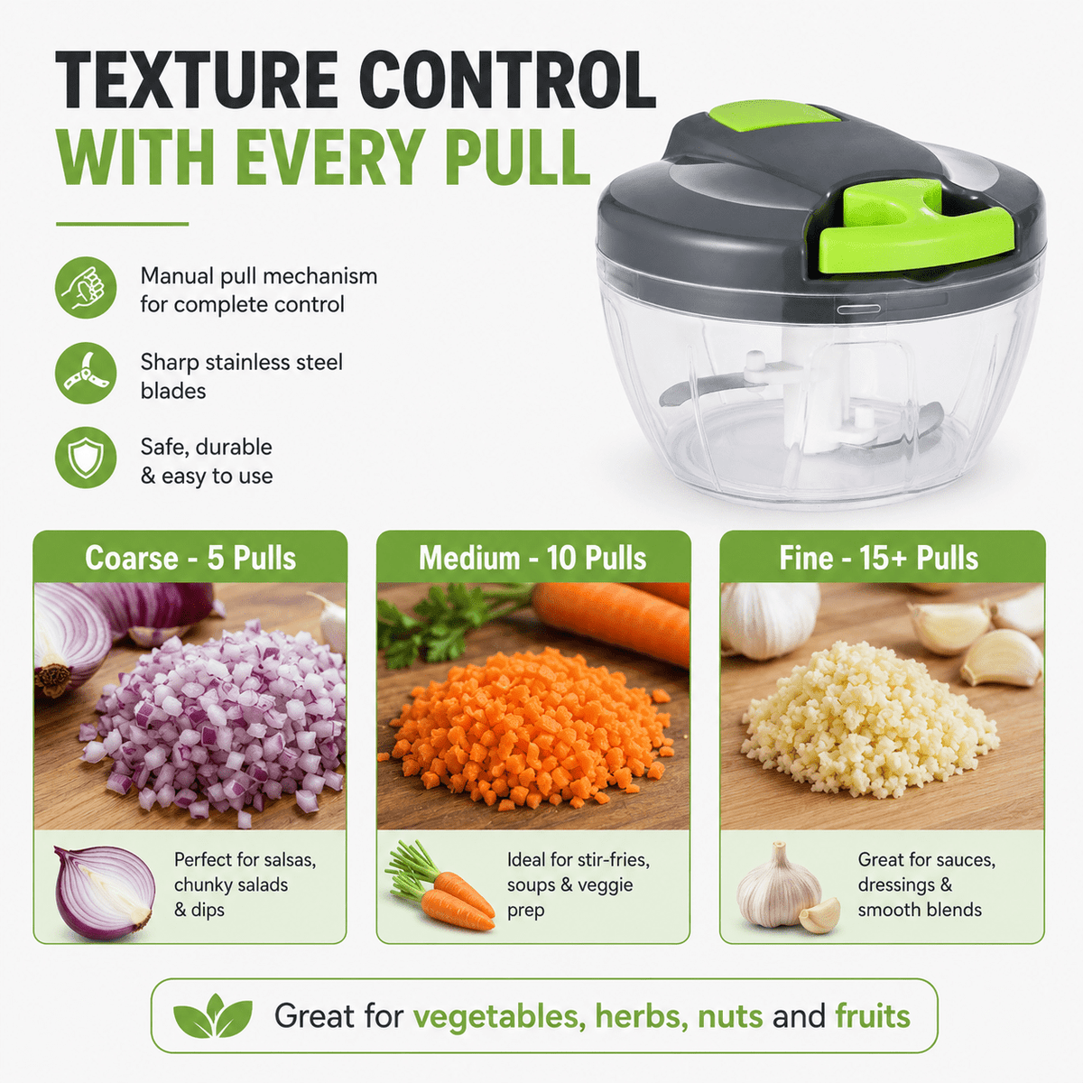 Pull-String Manual Food Chopper, 500 ml Vegetable and Garlic Mincer, Gray Green - Image 6